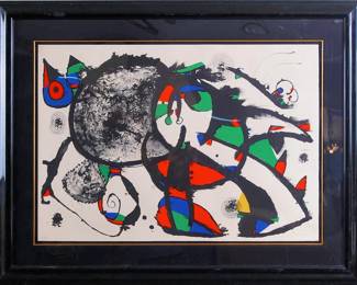 143. Joan Miro' Hommage a Masson 1977, a lithograph in colors created by Miró in 1977 on Arches paper, signed in pencil on the lower right, from a numbered edition of 100. (#79)    Printed by Mourlot, Paris. Published by Maeght Editeur, Paris. The full sheet with strong colors, in very good condition, framed - 36" x 46 measures 25" x 35" image size. 