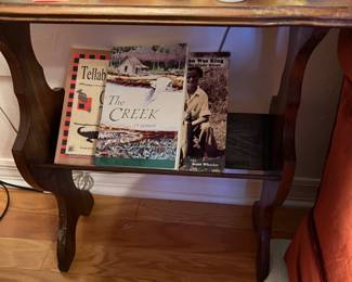 Florida books, glass, walnut side table