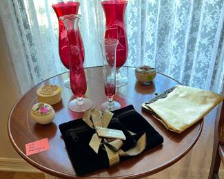 Old tilt top mahogany table, cranberry glass vases, 