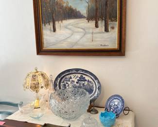 Blue willow, blue westmoreland milk glass,crystal items,  art