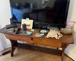 30” Emerson flat screen tv, old photographs, sterling cemetery coffin plaques, antique crochet drawstring purse