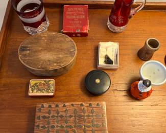 Sweet Bayreuth clown toothpick holder, world fair type cranberry glass, various wood and tin vintage antique items