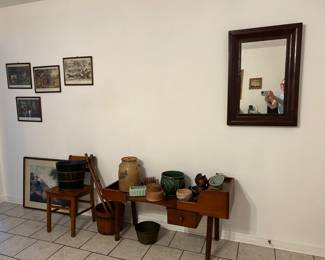 Primitives, childs school desk chair, nice old mirror, old engravings and prints 