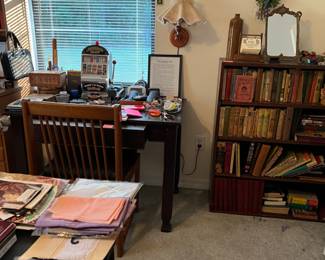 Old books, sturdy book case, office desk(writing surface pulls out& has ink well)   & supplies