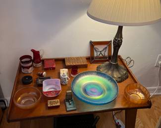 Stretch and carnival glass, world fair cranberry glass, boxes, nice art nouveau type lamp, butterfly stained glass sun catcher, etc.