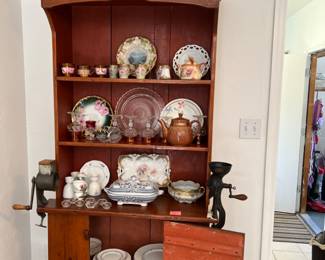 Sweet old primitive cupboard, porcelain, pottery and glass, coffee grinders