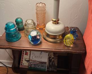 Insulators, paper weights, Fenton ruffled bud vase