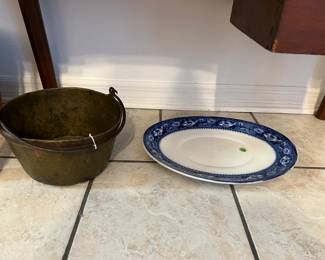 Flow blue platter, old brass and iron cook pot