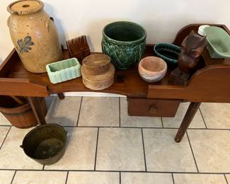 Primitives, McCoy, cast iron kettle, wood carved folk art owl, etc.