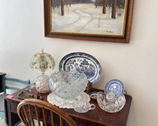 Desk, glass, dishes, art