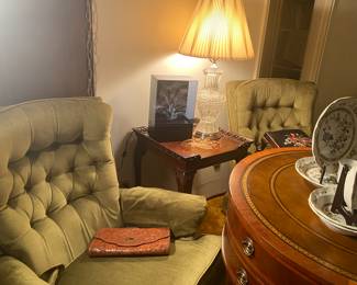 Vintage Green Swivel Chairs, Vintage leather top spinning table