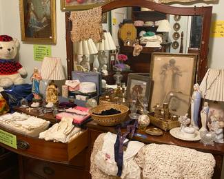 Vintage Vanity Dresser, Hand Crocheted lace Linens