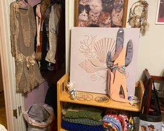 Antique 1920's Dress and Vintage Clothing, Vintage Art Heater, Vintage Palm Springs Coyote Wall Art