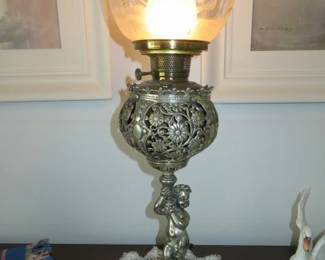 Antique Electric Converted Cherub Banquet Table Lamp, Etched Globe Thanksgiving 1875