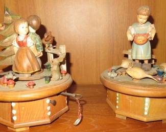 Hand Carved Wood Thorens Movement Emperor Waltz & Never en a Sunday Musical Boxes.  Made in Switzerland 