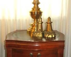 Mahogany Leather Top  Side Table, Brass Table Lamp