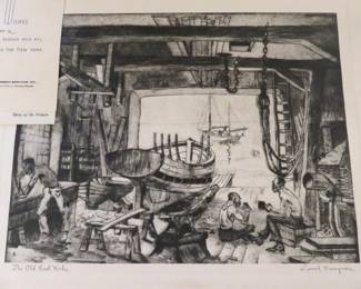 The Old Boat Works, Original Etching by Lionel Barrymore. Reproduced in Talio-Crome