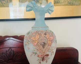 Antique Victorian French blue opaline glass vase 