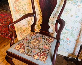 Hand made by Dr. Hill, needlepoint seat fiddle back chairs 
