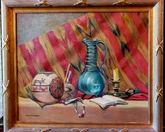 Vintage oil still life original painting by Jean Drogkamp..listed artist