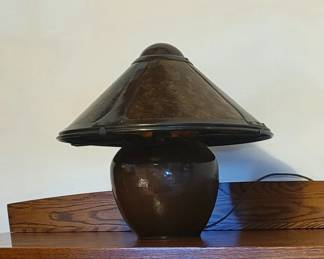 Aurora Studios/Michael Adams copper hand hammered Van Erp style lamp with mica and copper shade