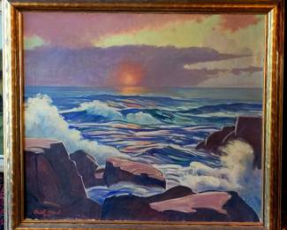 Modernist California coastal original oil by listed artist Oriel Edmund Bond