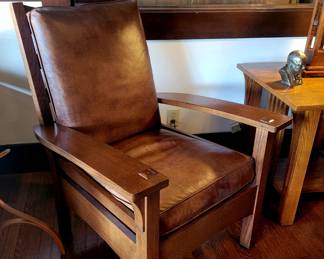 Stickley leather and oak arm chair