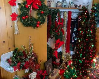 Beautiful PACKED Christmas room with trees, wreaths, Department 56, tons of vintage figurines and ornament. There are also tons of new light strings, light string organizers, village accessories, nativity sets, and more!