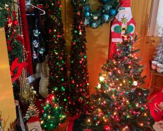 Beautiful PACKED Christmas room with trees, wreaths, Department 56, tons of vintage figurines and ornament. There are also tons of new light strings, light string organizers, village accessories, nativity sets, and more!