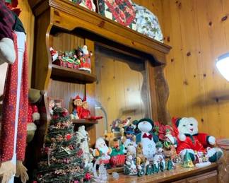 Christmas pillows on beautiful bedroom dresser with mirror. 
