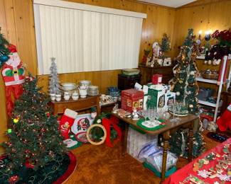 Beautiful PACKED Christmas room with trees, wreaths, Department 56, tons of vintage figurines and ornament. There are also tons of new light strings, light string organizers, village accessories, nativity sets, and more!