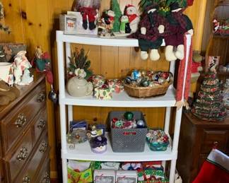 Vintage ornaments, frosty decorations, santa decorations, new in box items. 