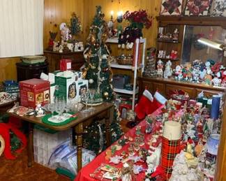 Beautiful PACKED Christmas room with trees, wreaths, Department 56, tons of vintage figurines and ornament. There are also tons of new light strings, light string organizers, village accessories, nativity sets, and more!