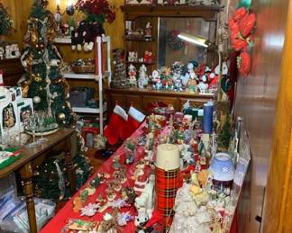 Beautiful PACKED Christmas room with trees, wreaths, Department 56, tons of vintage figurines and ornament. There are also tons of new light strings, light string organizers, village accessories, nativity sets, and more!