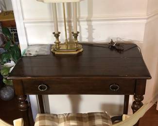 Brass Lamp, Mahogany Table & Ethan Allen Hickcock light chair