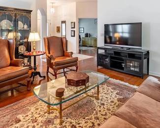 Living Room View #3 Brass & Glass Coffee Table, Beautiful Carpet,