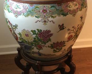 Large Asian Handpainted Fish Bowl on Stand