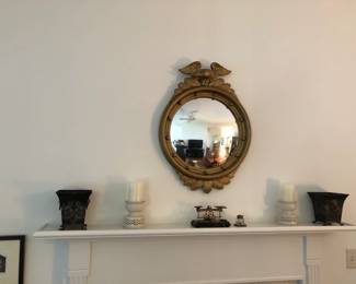 Rare, Antique Federal Gilded Convex Mirror & Vintage Postal Scale on Mantel