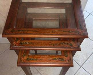 Antique set of 3 Hand Painted Glass Top Adams Nesting Tables 
