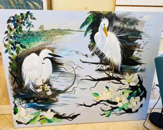 Vintage Oil on Canvas Cranes Wall Hanging 48x60