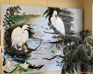 Vintage Oil on Canvas Cranes Wall Hanging 48x60