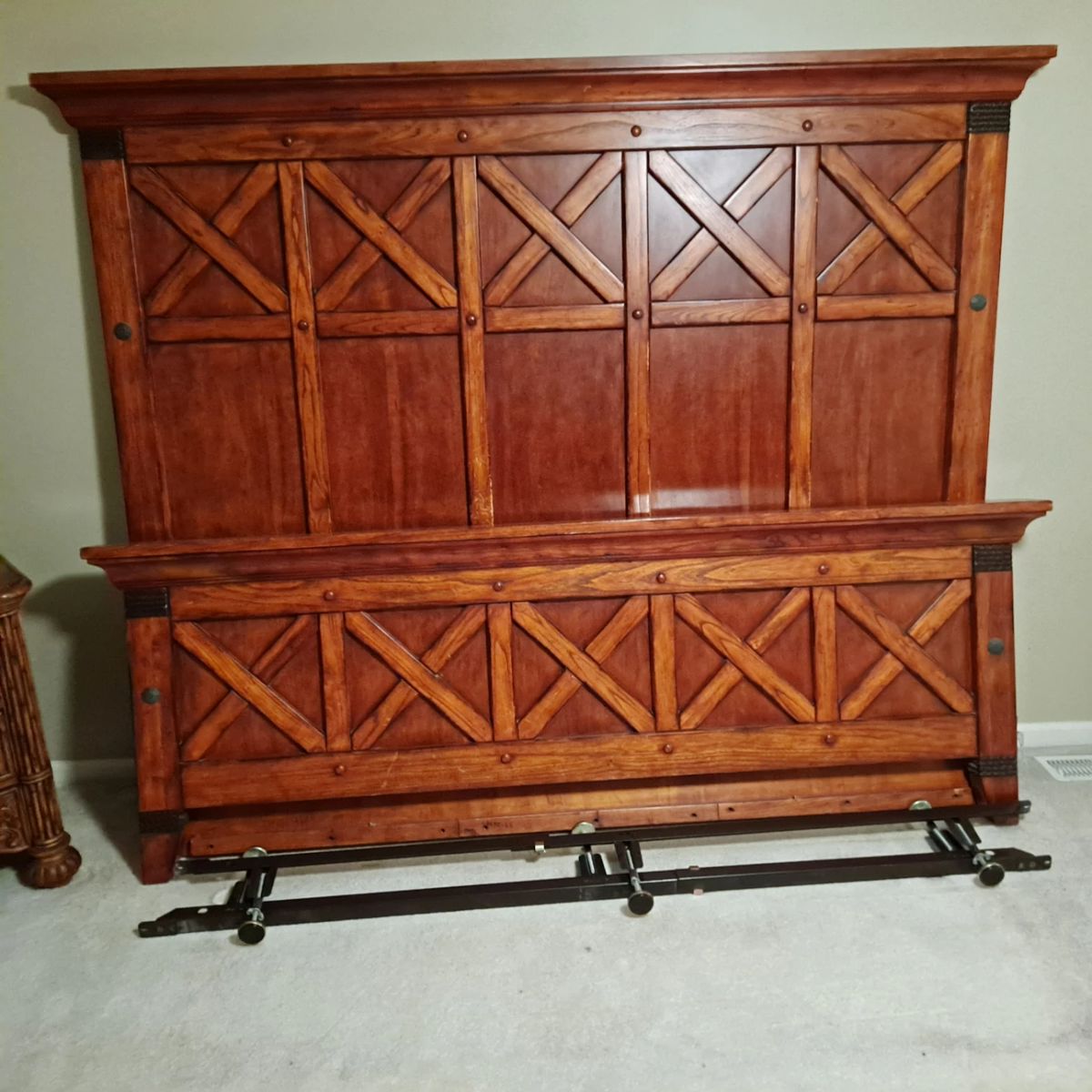 King size bedroom set, including headboard and footboard, large TV stand,  large dresser, side table