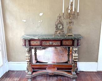 ANTIQUE NAPOLEON III FRENCH EMPIRE MARBLE TOP BRASS CONSOLE TABLE WITH MIRROR INSET