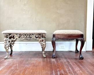 VINTAGE UPHOLSTERED STOOLS - CAST IRON CHERUB DETAL & WOOD CLAW AND BALL