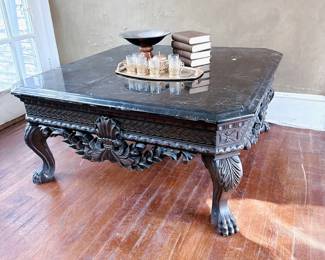 ANTIQUE BLACK MARBLE TOP COFFEE COCKTAIL TABLE - SQUARE WITH CLAW FEET