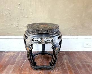 CHINESE PAINTED AND LACQUERED BLOSSOM GARDEN STOOL - CHINOISERIE - GREEK KEY - BLACK & GOLD