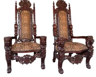French Renaissance Throne Armchairs with Lion Detail