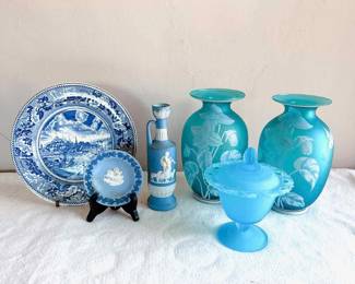 Fenton 1984 Blue Glass Vases - Indiana Glass Candy Dish - Wedgwood Jasparware