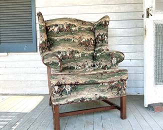 ANTIQUE UPHOLSTERED WING BACK ARMCHAIR - HUNT FOX CLUB EQUESTRIAN