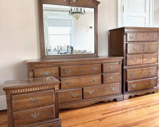 OAK WOOD BEDROOM SET - DRESSER, MIRROR, CHEST OF DRAWERS, NIGHTSTAND MADE IN USA